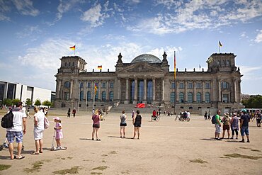 Germany, Berlin, Mitte, Reichstag building with glass dome deisgned by Norman Foster.