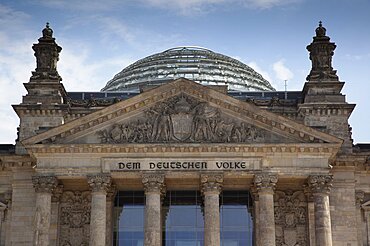 Germany, Berlin, Mitte, Reichstag building with glass dome deisgned by Norman Foster.