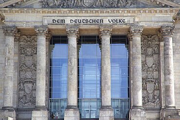 Germany, Berlin, Mitte, Reichstag building with glass dome deisgned by Norman Foster.