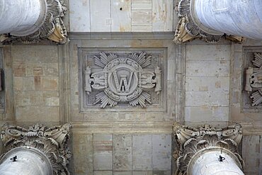 Germany, Berlin, Mitte, Reichstag building detail of stone work above the entrance.