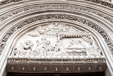 Spain, Madrid, Detail of Nativity scene from the main portal of church San Jeronimo el Real.