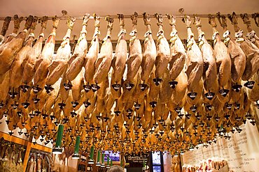 Spain, Madrid, Display of jamon.