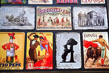 Spain, Madrid, Souvenir enamal plaques.