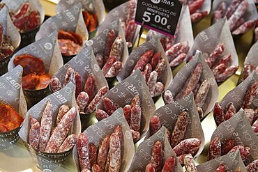 Spain, Madrid, Tapas on sale at Mercado de San Miguel.