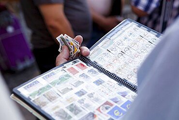 Spain, Madrid, Stamp collectors in the Plaza Mayor.