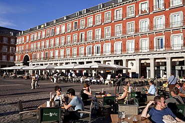 Spain, Madrid, Restaurants in the Plaza Mayor.