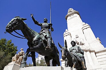 Spain, Madrid, Statues of Cervantes Don Quixote and Sancho Panza in the Plaza de Espana.