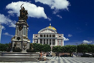 BRAZIL Amazonas Manaus Opera House ornate exterior seen over square with central column and statue atop