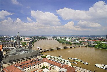 Germany, Saxony, Dresden, View of Dresden and the River Elbe in flood viewed from the dome of Frauenkirche.