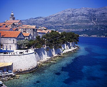 CROATIA Korcula Island Korcula View over coastal town fortified with 13th century walls