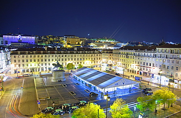 Portugal, Estredmadura, Lisbon, Baixa, Praca da Figueira at night.