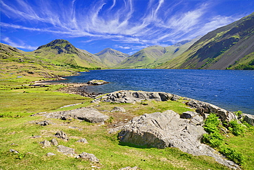 England, Cumbria, English Lake District, Wastwater with Great Gable and Scafell Pike mountains in the background.