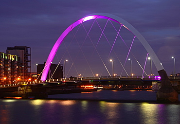 Scotland, Glasgow, The Clyde, Clyde Arc at night and views East along the river.