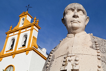 Spain, Andalucia, Cordoba, Statue of Fray Albino González Menéndez-Reigada Bishop of Cordoba from 1946 to 1958  in front of iglesia de San Jose.