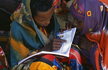 SOMALIA  People Baidoa girls reading text books produced by UNICEF African Eastern Africa Kids Learning Lessons Somalian Soomaliya Teaching