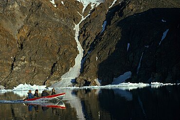 CANADA Nunavut Baffin Island Four Inuit men is boat for a fishing trip Eskimo