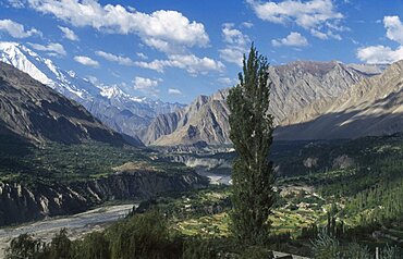 PAKISTAN Northern Areas Hunza Valley View across valley to mountain peaks from the Baltit Fort.