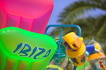 SPAIN Balearic Islands Ibiza Childrens beach toys for sale  lilos and buckets and spades. Souvenirs Leisure Tourism Holidays Mediterranean Balearic Islands Colour Sunshine Color