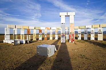 USA New Mexico Santa Fe Stonefridge a life sized replica of Stonehenge made out of recycled fridges by local artist and filmmaker Adam Horowitz