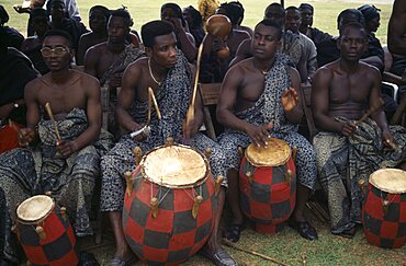 GHANA  Kumasi Drummers playing at funeral of wife of a chief.