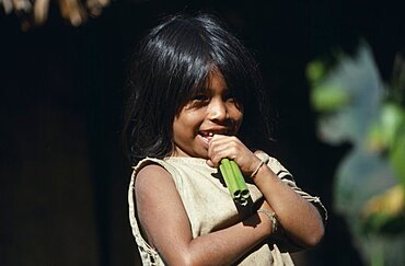 COLUMBIA  Kogi  Portrait of young Kogi Indian child chewing green canes