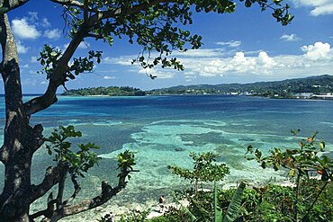 WEST INDIES Jamaica Port Antonio View across turquoise sea towards beach and tree covered coast part framed by tree branches.