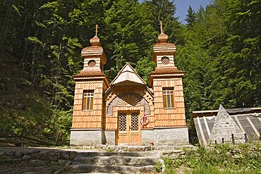 SLOVENIA  Triglav National Park Julian Mountain Range Ruska Kapelica The Russian Chapel 1915 -17 - the pyramid on the right is a memorial to 100 Russian Prisoners of War killed in an avalanche whilst building the road through the Julian Alps   Monument architecture wooden building highly decorated stone pyramid onion domes