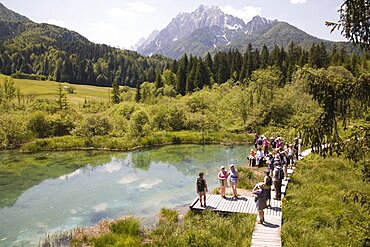 SLOVENIA  Kranjska Gora Zelenci Lake Group of hikers at Zelenci Lake the source of the River Sava with the Julian Alps peaks Visoka Ponca  Jalovec and Planica in the background   Male and female walkers Jelenici sightseeing clean water boardwalk snow covered mountains mountain range hay meadows