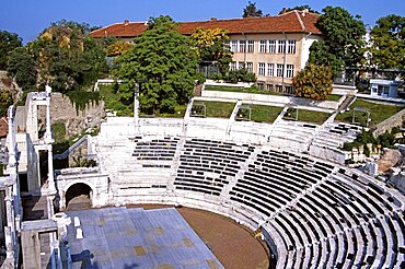 BULGARIA  Plovdiv Roman Amphitheatre. Travel Tourism Holiday Vacation Explore Recreation Leisure Sightseeing Tourist Attraction Tour Amphitheatre Amphitheater Plovdiv Bulgaria Bulgarian East Eastern Europe European History Historic Historical Architecture Architectural Building Summer Bright Sunny Sun Seating Forum Entertain Entertainment Semi-circle Tiers Roman Stadium Eastern Europe