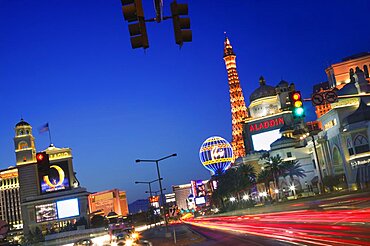 USA Nevada Las Vegas Las Vegas Boulevard  The Strip  at dusk. USA travel America The Strip entertainment twilight casino gambling Eiffel Tower temptation icon Las Vega American North America United States of America