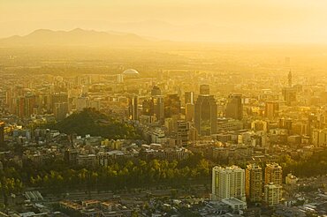 CHILE  Santiago City view at sunset from Cerro San Cristobal. Jon Hicks. Travel Holidays Tourism Latin America Santiago Chile South America Urban Skyline Viewpoint Cerro San Cristobal Pollution Smog Haze Capital City American Chilean Hispanic Latino