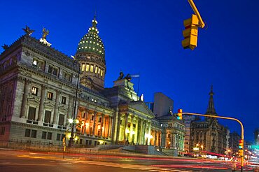 ARGENTINA  Buenos Aires The Palacio del Congreso at dusk. South America Buenos Aires Travel Tourism Holidays Palacio del Congreso Night Architecture Grand Urban Government Power Argentina American Argentinian Hispanic Latin America Latino Nite