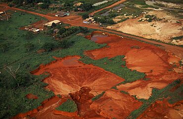 BRAZIL Mato Grosso Peixoto de Azevedo Aerial view over landscape with severe damage/pollution from gold mining operations clearly visible over former Panara territory. Garimpeiros have displaced the Indians  previously known as Kreen-Akrore  Krenhakarore  Krenakore  Krenakarore  Amazon American Brasil Brazilian Ecology Entorno Environmental Environment Green Issues Kreen Akore Latin America Latino Scenic South America prospector