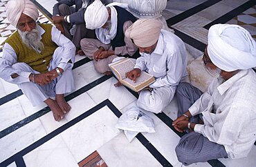 Group of Sikh men sitting on black and white marble floor of Golden Temple complex to read holy book, Amritsar, Punjab, India