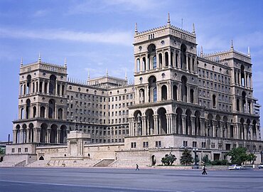 Government House exterior seen across empty road, Baku, Azerbijan