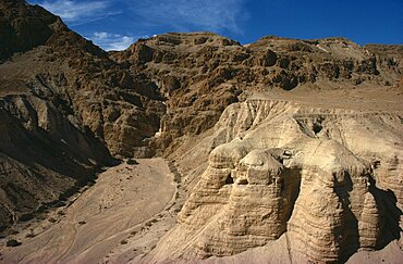 View of eroded rock canyon where the Dead Sea scrolls were found, Qumran Caves, West Bank, Israel