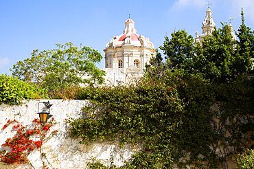 The Silent City, The dome of 17th Century Saint Pauls Cathedral designed by architect Lorenzo Gafa seen from Bastion Square, Mdina, Malta