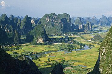 CHINA Guangxi Near Guilin  View from Moonhill with Karst limestone formations around the river valley with rice paddies