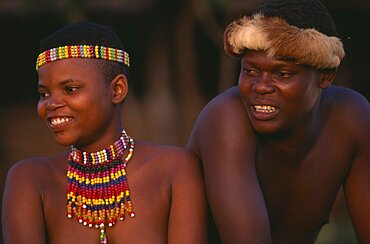 SOUTH AFRICA KwaZulu Natal Shakaland Zulu couple with traditional head wear  hers is an ujelasi.