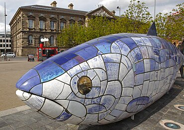 Donegall Quay The Big Fish Sculpture by John Kindness, The scales of the fish are pieces of printed blue tiles with details of Belfasts history, Ireland