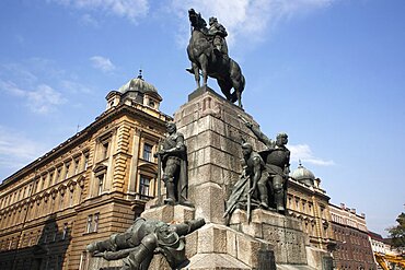 Poland, Krakow, Grunwald Monument by Marian Konieczny, original by Antoni Wiwulski was destroyed in WWII, on Matejko Square Equestrian figure of King Wladyslaw Jagiello with the standing figure of Lithuanian Prince Witold & the defeated figure of Ulrich von Jungingen at the base