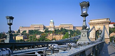 HUNGARY  Budapest  View across Chain Bridge to waterfront buildings