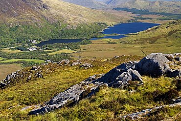 IRELAND, County Galway, Connemara, Diamond Hill, view of Kylemore Abbey and Kylemore Lough from summit of Diamond Hill