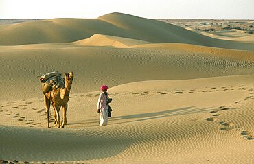 INDIA Rajasthan Jaisalmer Thar Desert.  Man walking with camel over dunes leaving prints in the sand.