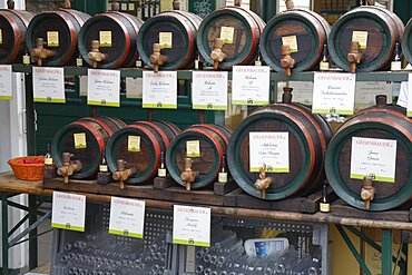 Austria, Vienna, The Naschmarkt, Display of barrels of wine for sale from the cask