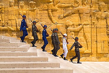 Turkey, Ankara, Anitkabir, Mausoleum of Mustafa Kemal Ataturk founder of the modern Turkish Republic and president in 1923. Changing of the Guard taking place in foreground of relief carved frieze.