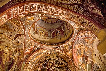 Turkey, Cappadocia, Goreme, Open Air Museum. Sandal Church ornate ceiling fresco detail.