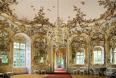 Germany, Bavaria, Munich, Nymphenburg Palace. Amalienburg The Hall of Mirrors interior of hunting lodge created for Electress Amalia in European Rococo style.