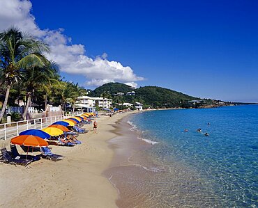 WEST INDIES US Virgin Islands St Thomas Frenchman Bay.  View along sandy beach with row of sun loungers and brightly coloured beach umbrellas. People sunbathing and swimming.