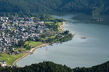 Nepal, Kaski District, Pokhara, Evening view of the Phewa Lake and Pokhara city from Sarangkot mountain.